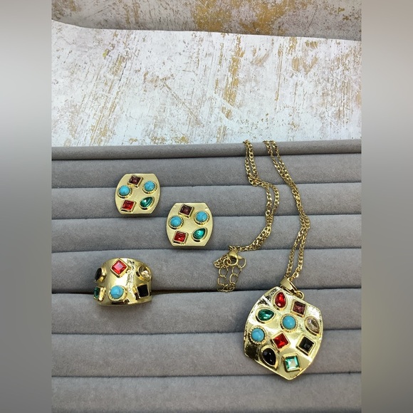 Etruscan Bold Gold Multicolor Gemstone Jewelry Set - Picture 4 of 5